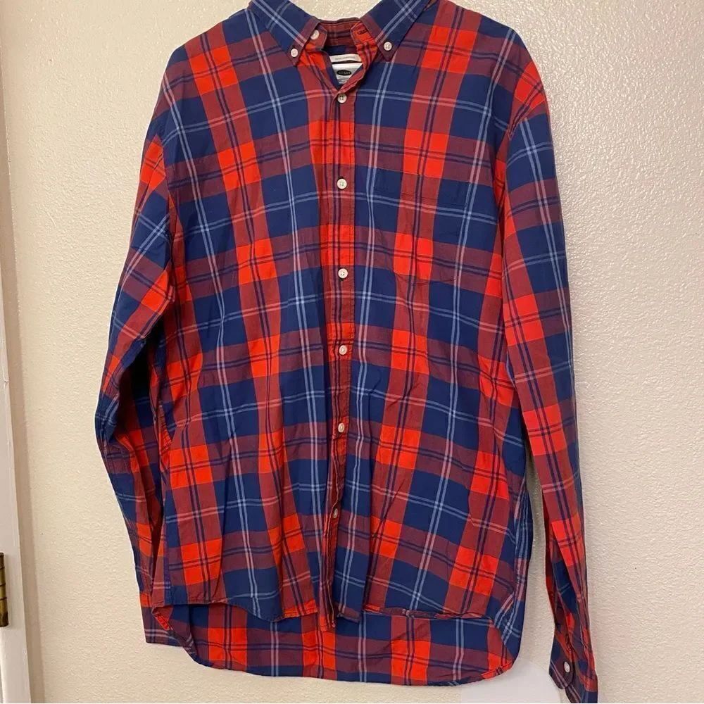 Old Navy red white Blue Striped Plaid Button Up Shirt long sleeve slim fit XL